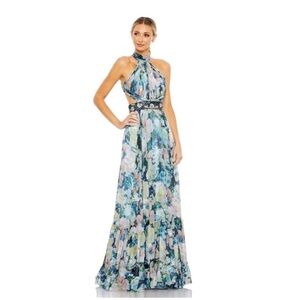 Mac Duggal Halter Neckline Beaded Cut Out Waist Open Back Dress | Size 4